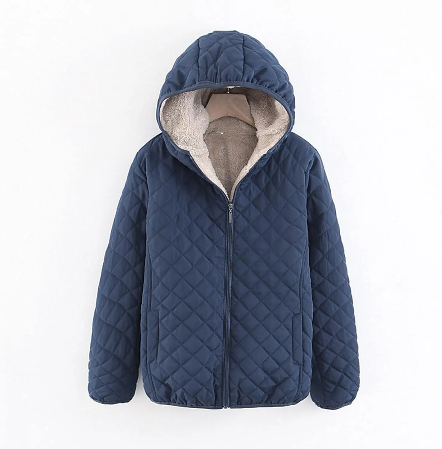 Womens Winter Warm Windproof Solid Outwear Long Sleeve Hooded Zipper Jacket Casual Soft Pockets Overcoat Daily Clothes