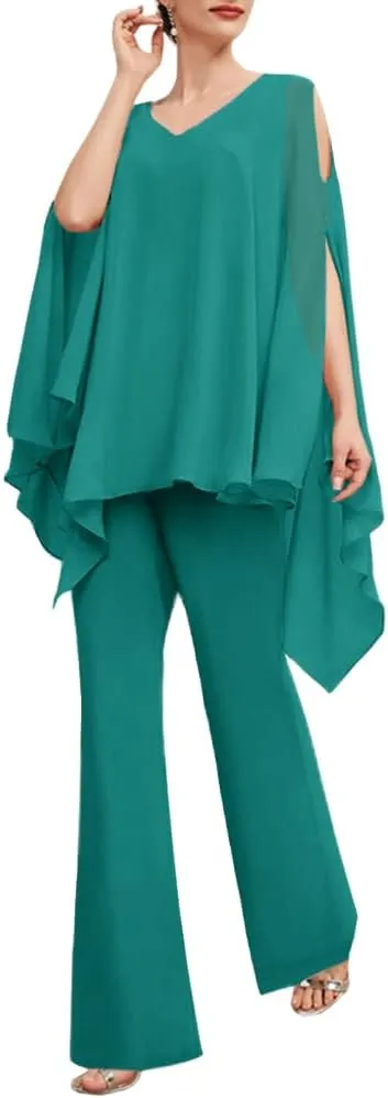 Zongqiven Women’s Wedding Guest Pant Suit 2 Piece Set Formal Chiffon Evening Party Outfit
