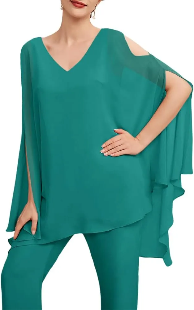 Zongqiven Women’s Wedding Guest Pant Suit 2 Piece Set Formal Chiffon Evening Party Outfit